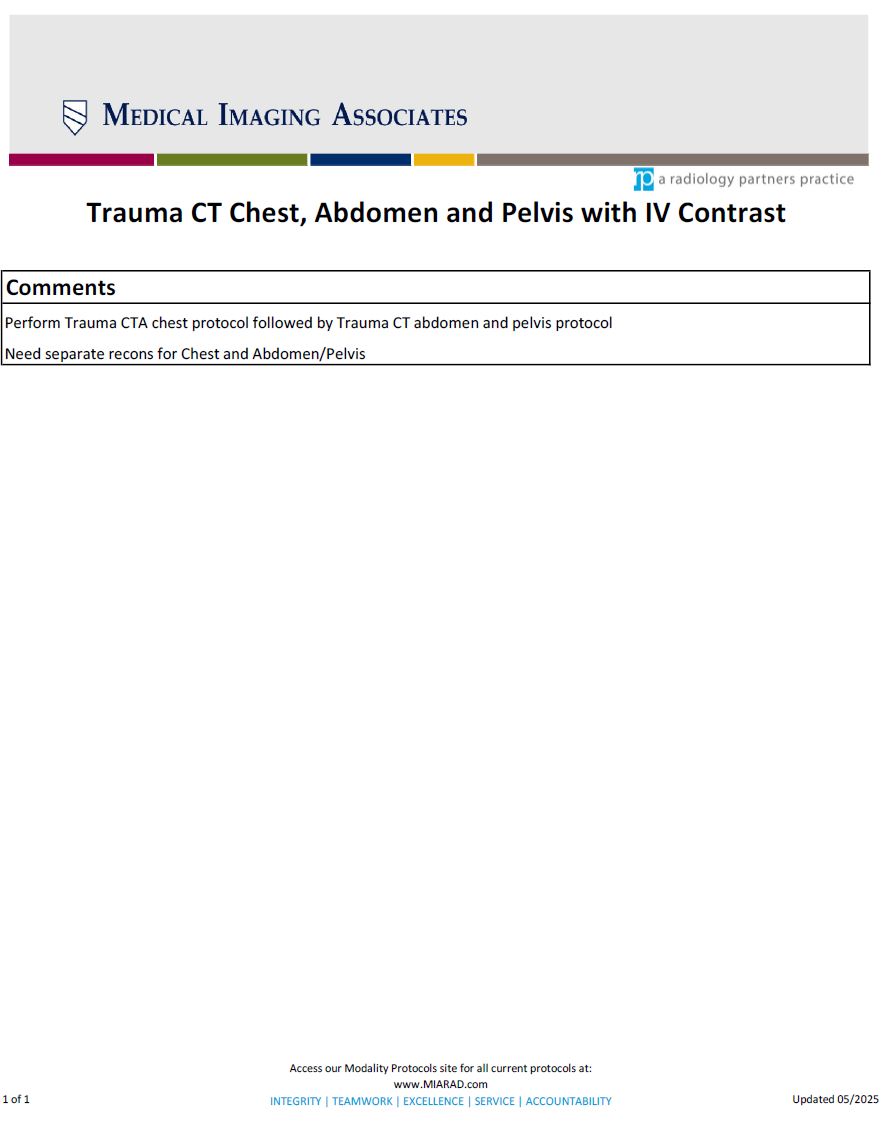 CT Trauma Chest, Abdomen and Pelvis with IV Contrast.